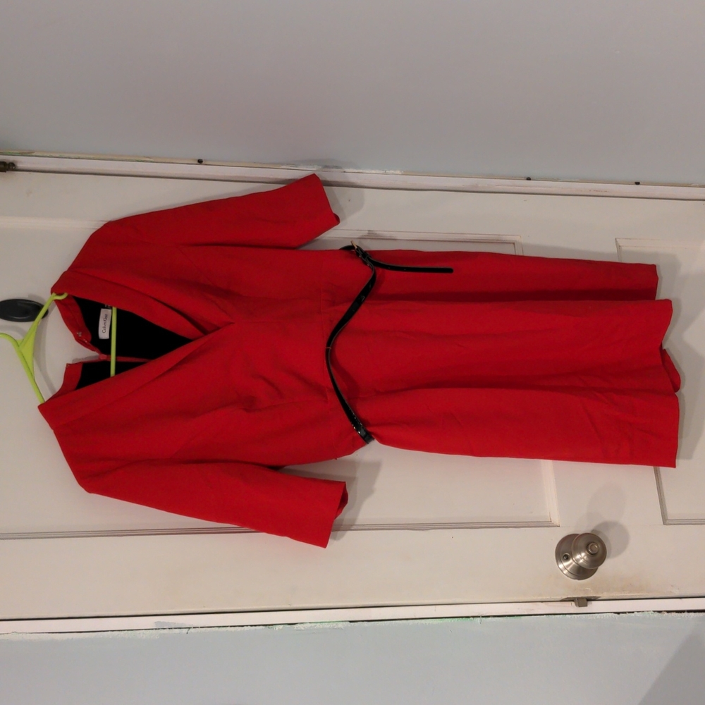 Calvin Klein red sheath dress belt